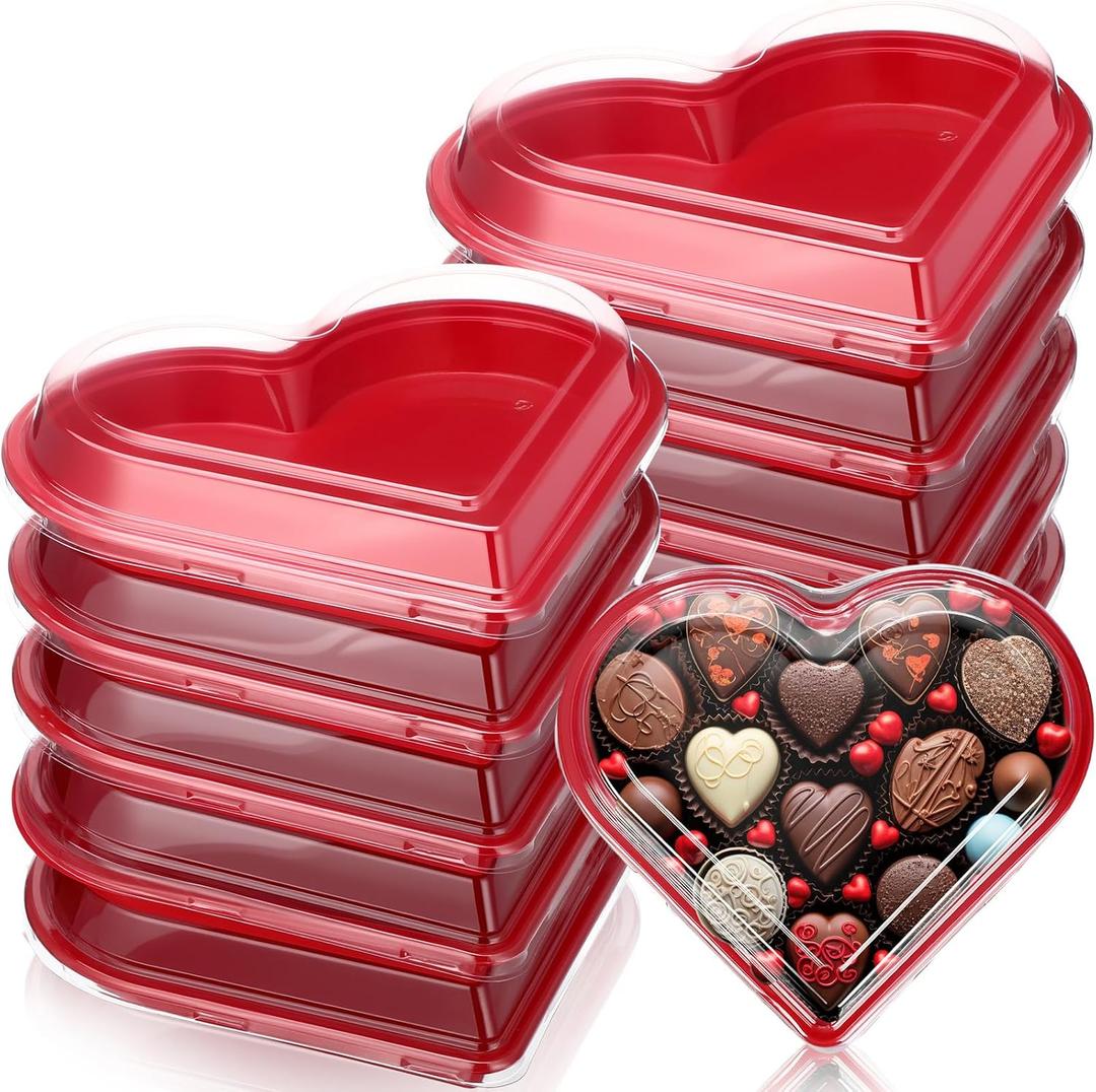 Macarrie 10 Pcs Valentine's Heart Shaped Serving Tray Platter 20 oz Heart Plates with Clear Lids Dessert Plates Snack Tray for Valentine Birthday Party Table Decoration (Red)