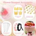 338Pcs Flower Bouquet Wrapping Paper Kit, Waterproof Floral Wrapping Paper Florist Bouquet Supplies with Crowns Butterfly Decor Pearl Pins and Ribbons for Birthday Wedding DIY CraftTranslucent Pink