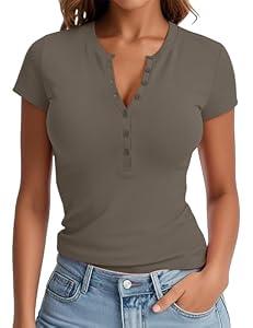 Prettywear Women Short Sleeve Henley Shirts Summer Casual V Neck Fitted Button Up Knit Basic Tops GreyGreen M