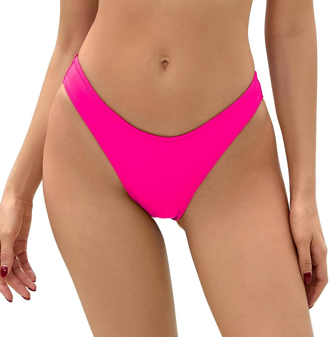 Bellecarrie Women's Cheeky Brazilian Bikini Bottoms Low Rise High Cut Swim Bottom (Hot Pink, Small)