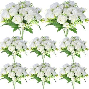 Geosar 8 Bundles Artificial Peonies Flowers Fake Silk Peony Bouquet Faux Peonies Flowers Bulk for Decoration Vase Floral Arrangements Wedding Party Table (White,Green)