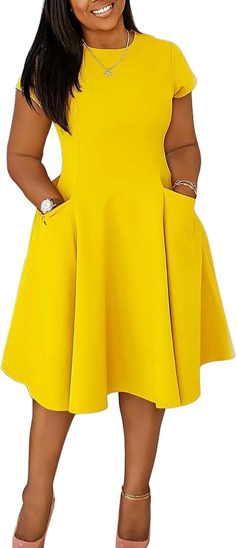 Womens Elegant Casual Short Sleeve Midi Dress Plus Size A Line Work Party Fit and Flare Dress with Pockets (02yellow, Large)