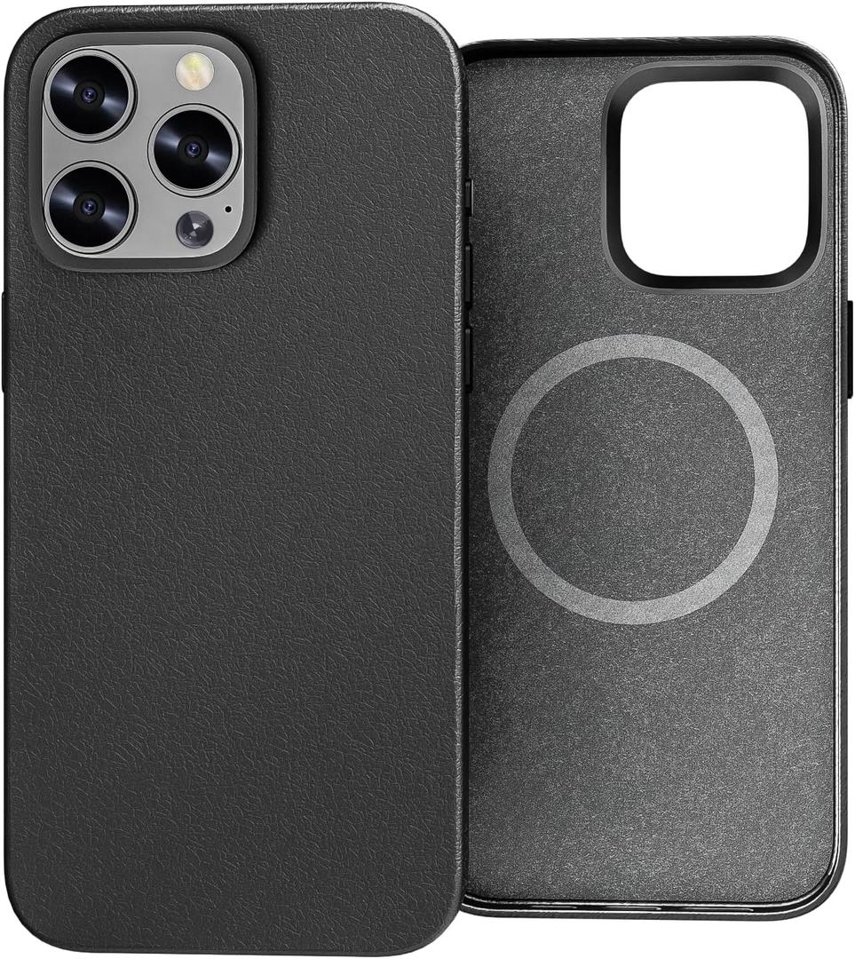 YICOSUN Case for iPhone 15 Pro Max: Compatible with MagSafe - Luxury Leather Design - Standalone Button & Anti Stick - Phone Cover for Women Men(6.7-inch) - Black