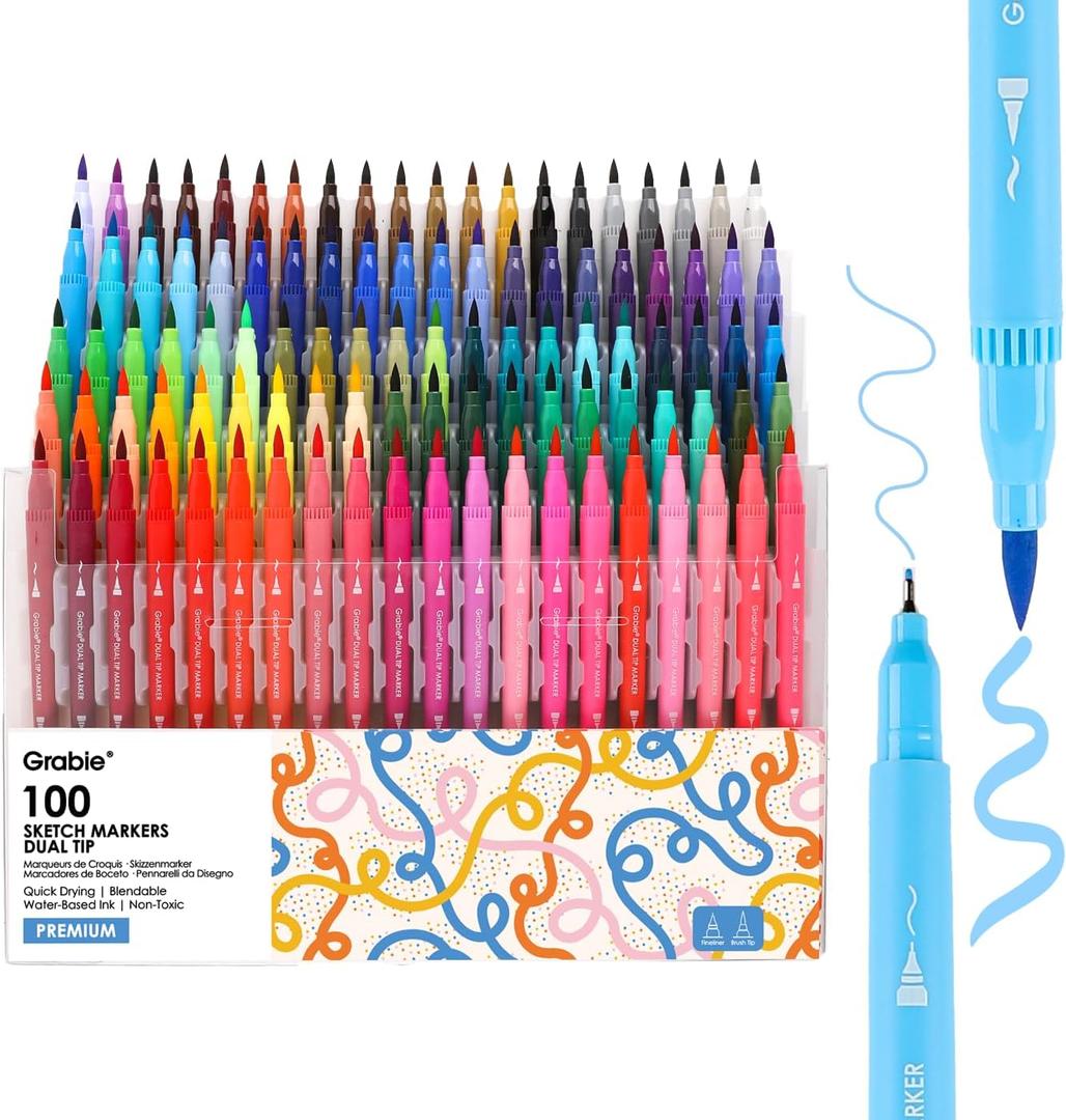 Grabie Dual Tip Water-Based Sketch Marker Set of 100, Fineliner & Brush Drawing Pens, Brush Marker Pens, 100 Colored Markers for Adult Coloring Books No Bleeding, Drawing, Sketching