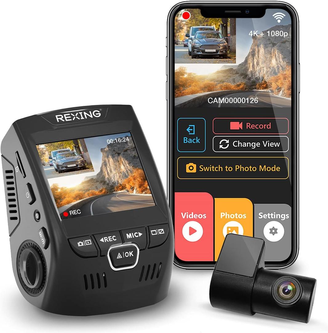 Rexing V1P 4K Car Dash Cam 2.4" LCD 2160p Front + 1080p Rear Wi-Fi 170 Wide Angle Dual Channel with Rear Cam, G-Sensor, WDR, Loop Recording Mobile App Supercapacitor