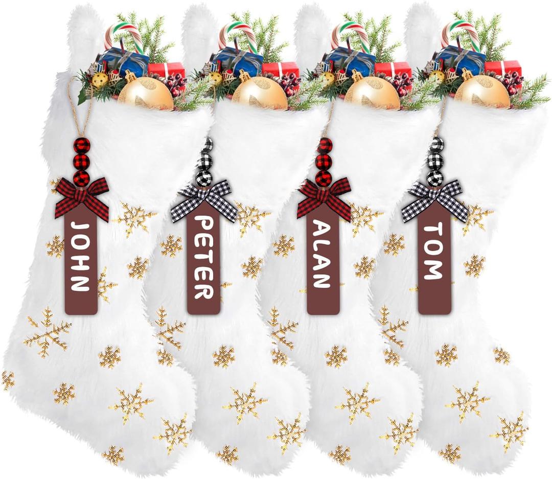 XIMISHOP 4 Pack Christmas Stockings, 18 Inch Large Faux Fur Sequin Snowflake Christmas StockingsSnowy White Xmas Stockings Hanging Ornaments for Christmas Holiday New Year Decorations (Yellow)