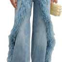 DINGANG Women's Casual High Waisted Straight Leg Jeans Feather-Trim Denim Baggy Stretchy Trousers Pants (XX-Large, Blue)