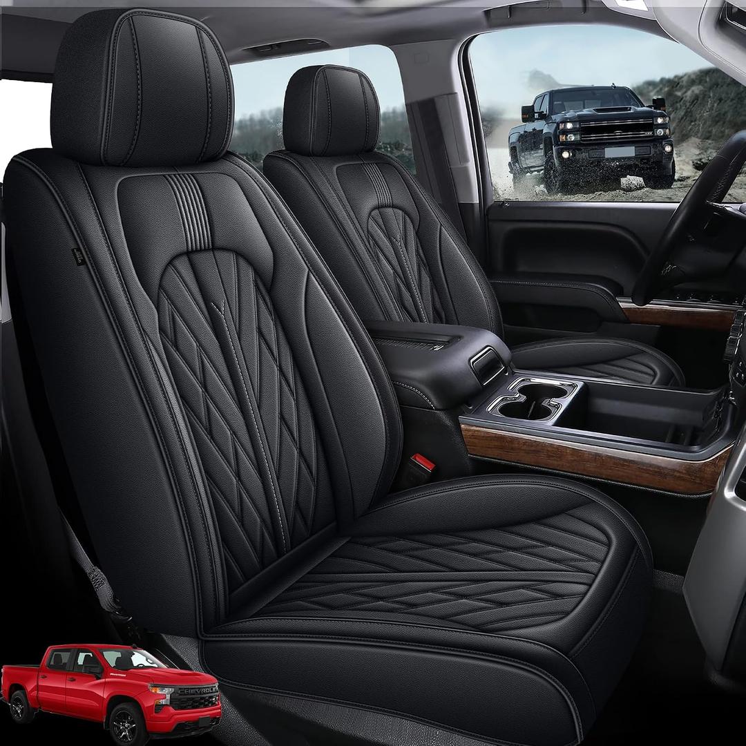 TTX LIGHTING Seat Covers Full Set Fit for 2007-2025 2026 Chevrolet Chevy Silverado GMC Sierra 1500 2500HD 3500HD Seat Covers for Cars Leather Waterproof Truck Seat Protector, Black