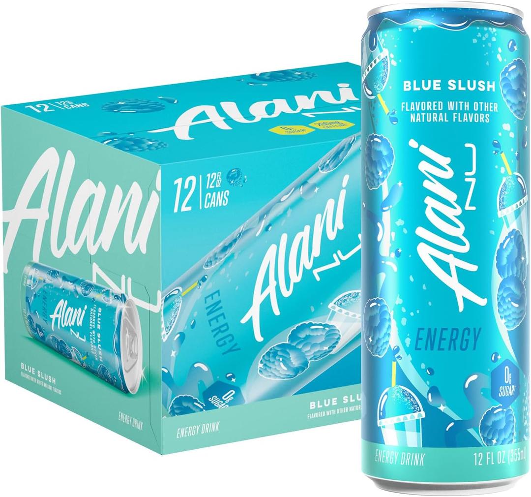 Alani Nu BLUE SLUSH, Sugar Free, Low Calorie Energy Drinks, 200mg Caffeine, Biotin, B Vitamins, Zero Sugar, 10 Calories, 12 Fl Oz Cans, 12 Pack (EXP 10/31/27)