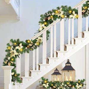 Sggvecsy 6Ft Artificial Christmas Garland with Pine Needles Golden Poinssetia Balls Berries Pinecones Christmas Decoration for Wall Mantle Indoor Fireplace Mantle Home Holiday Decor (1 Pack (6FT))