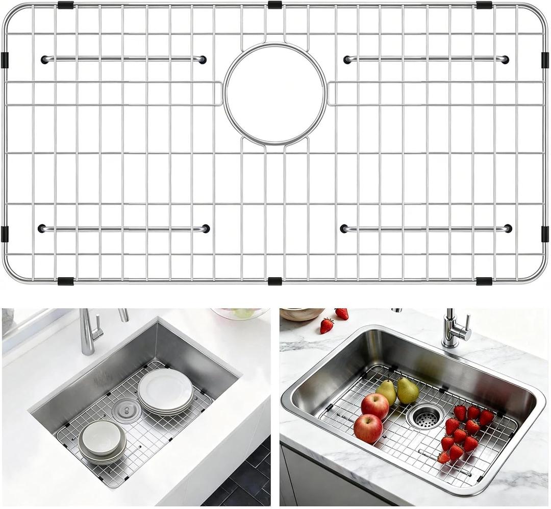 AWOKE Sink Rack for Bottom of Sink, 26" x 14" Sink Protectors for Kitchen Sink, 304 Stainless Steel Heavy Duty Metal Wire Grate for Single Bowl Farmhouse Sink Bottom,Soft Rubber Feet (Rear)