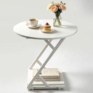 White Round Side Table, 2-Tier End Table with Z-Shaped Metal Frame, Wood Grain Small Round Accent Table with Storage Shelf, Modern Sofa Side Table Nightstand for Living Room Bedroom Small Spaces