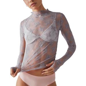 Ugerlov Women's Long Sleeve Mesh Top Mock Neck Sheer Blouse See Through Floral Lace Tops (Medium, Dark Grey)