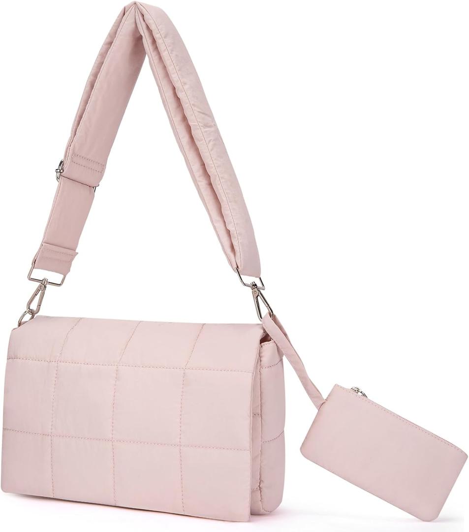 CLUCI Puffer Shoulder Bag Puffy Crossbody Purse for Women Middle Tote Bag Lightweight Cotton Padded Hobo Handbag (Pink)