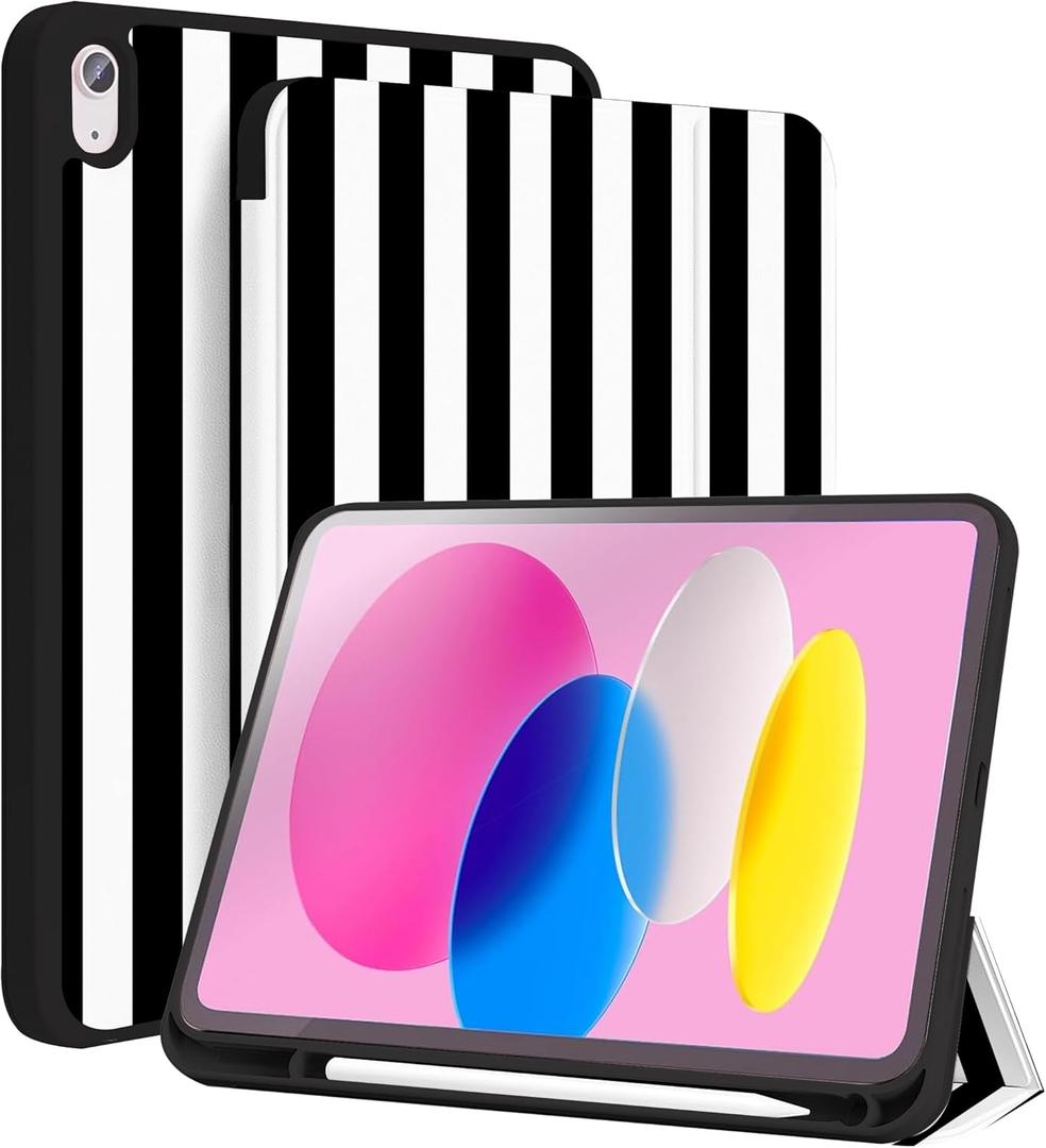 TopPerfekt Case for iPad 11th (A16) 11inch 2025/ 10th Generation 10.9inch 2022,Striped Cute Girly Collegiate Style Case with Pencil Holder for Kids, Boys, Girls, AntiSlip,AntiShockBlack White