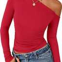 PRETTYGARDEN Womens Off Shoulder Long Sleeve Shirts 2026 Fall Ruched Fitted Asymmetrical Going Out Tops Trendy Y2K Clothes (Medium, Red)
