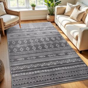 Terrug Boho Area Rug for Bedroom, Dark Grey 3x5 Washable Rugs with Non Slip Backing for Living Room, Soft Geomtric Stain Resistant Moroccan Carpet for Dining Room Floor Decor