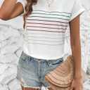 LilyCoco Womens Striped Shirt Short Batwing Sleeve Tops Crew Neck Casual Loose Fit Tee White X-Large (White, XL)