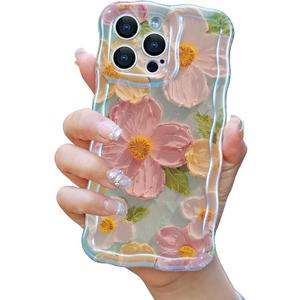 EYZUTAK Case for iPhone 16e, Colorful Retro Oil Painting Flower Laser Glossy Pattern Cute Curly Wave Edge Exquisite Phone Cover Stylish Durable TPU Protective Case for Girl Women 