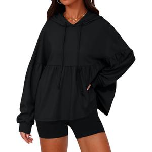 Womens Oversized Hoodies Sweatshirts Casual Lantern Sleeve Peplum Tops Drawstring Loose Hooded Pullover Workout Top (Medium, Black)