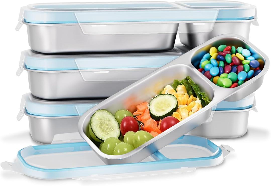 Bakpoco Stainless Steel Snack Containers for Kids Adults, 4 Pack 2 Compartment Metal Snack Containers Box with Lid, Reusable Food Storage Container, Leak Proof, Grab and Go