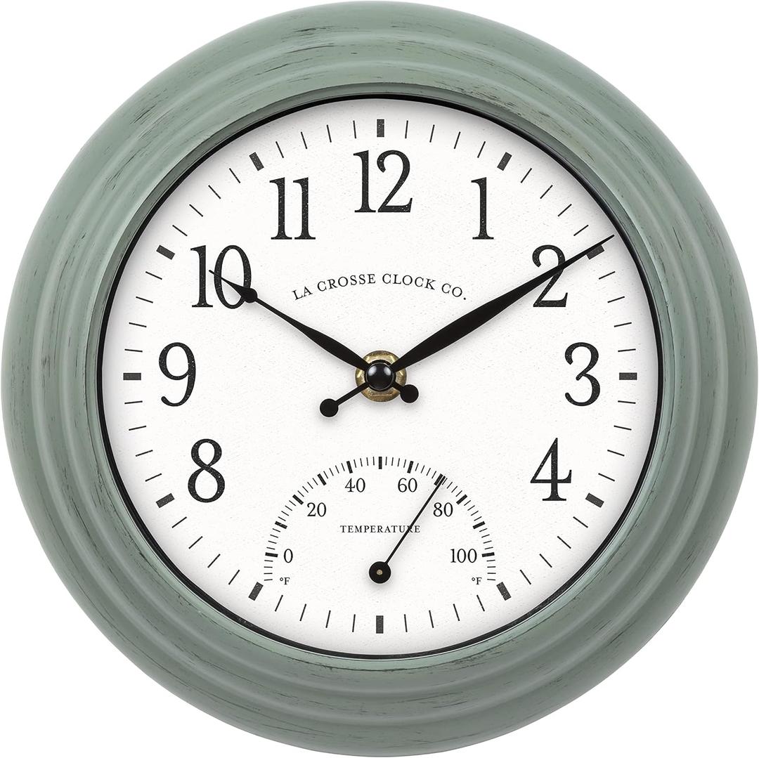 La Crosse Clock 433-3020 8-inch Indoor/Outdoor Sage Green Quartz Wall Clock with Temperature, Small