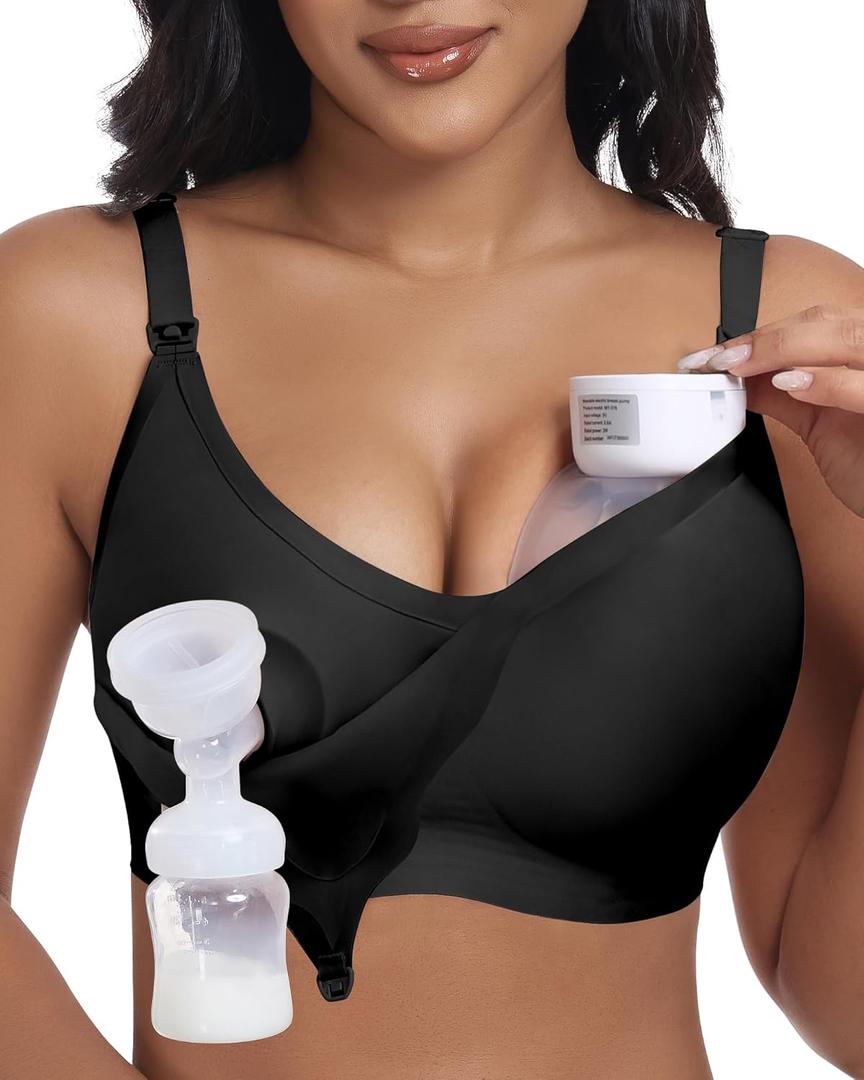 As Fairy Wireless Seamless Pumping Bra Hands Free Nursing Bra Wirefree Comfort Wearable Breast Pump Brass (Medium Plus, Black)