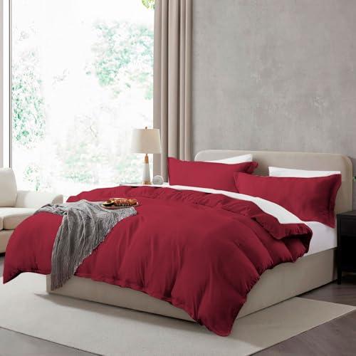 Hearth & Harbor Queen Duvet Cover Set - Queen Soft Prewashed Burgundy Red Duvet Cover, 3 Piece Set with Zipper Closure, 1 Duvet Cover 90x90 inches and 2 Pillow Shams