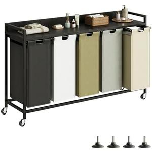 Herture Laundry Hamper with Shelf, Laundry Basket 5 Section, Laundry Sorter with Pull-Out Removable Large 5 Color Bags and Movable Wheels, Metal Frame, 5 x 15.87 Gallons (60L), Black PF08XLK