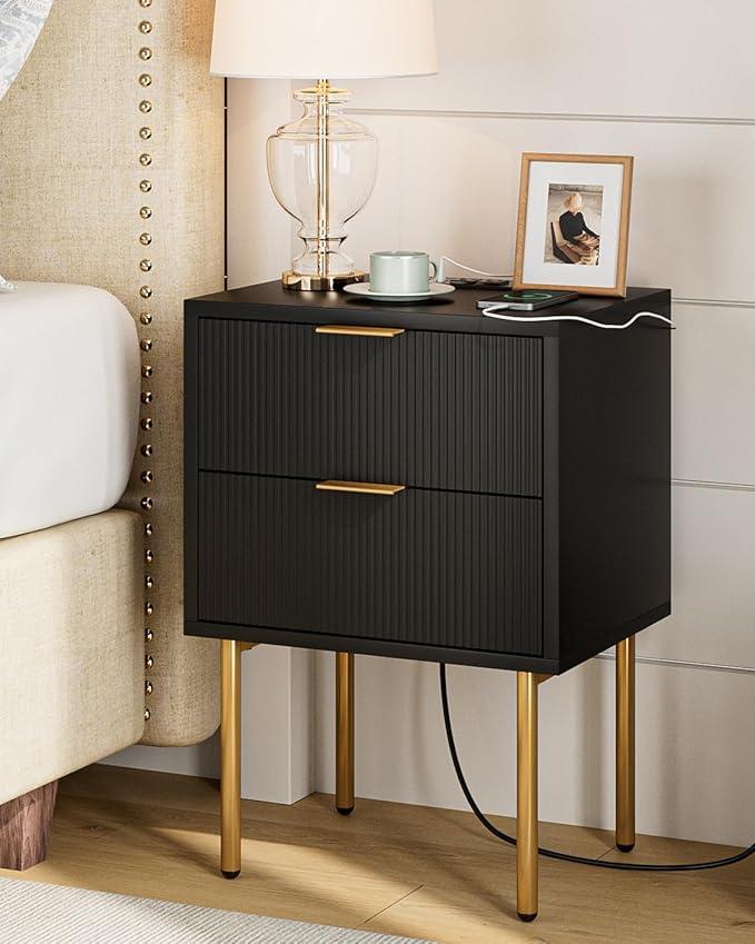 Masupu Nightstand with Charging Station,MidCentury Modern Bedside Table with 2 Storage Drawer,Small Gold Frame Side End Table for Bedroom,Living Room (Black)