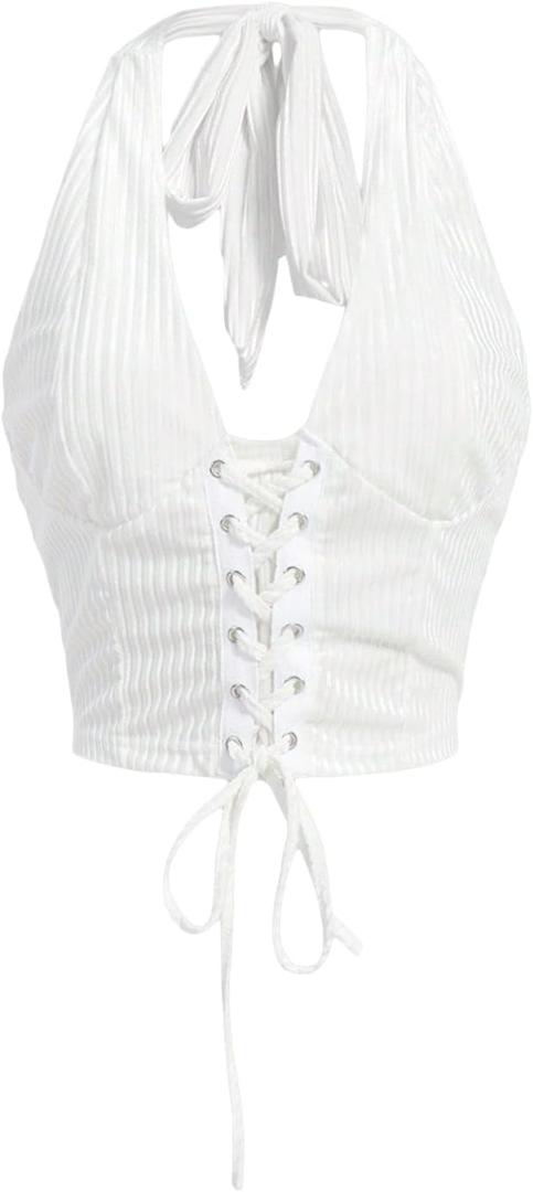 Verdusa Women's Going Out Halter Corset Tops Sleeveless Lace Up Open Back Crop Top (Large, White)