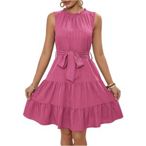 Milumia Women's Frill Mock Neck Sleeveless Dress Belted Tiered Ruffle Hem Summer Short Dresses (Pink, M)