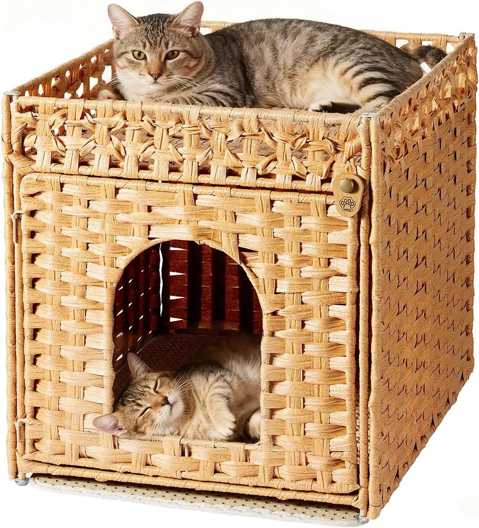 Cat Litter Box Enclosure Furniture - Handwoven Rattan Hidden Litter Box Cover with Mat and Fence, Enclosed Cat Box Furniture for Living Room & Bedroom, Natural Finish, 18.5" x 20.5" x 19.1"