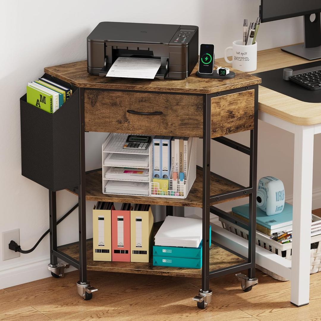 YAOHUOO Corner Printer Stand, Corner Table with Power Outlet/Storage Fabric DrawerPrinter Cart for Home Office with Height Adjustable Shelf/Side Pocket, Rustic Brown