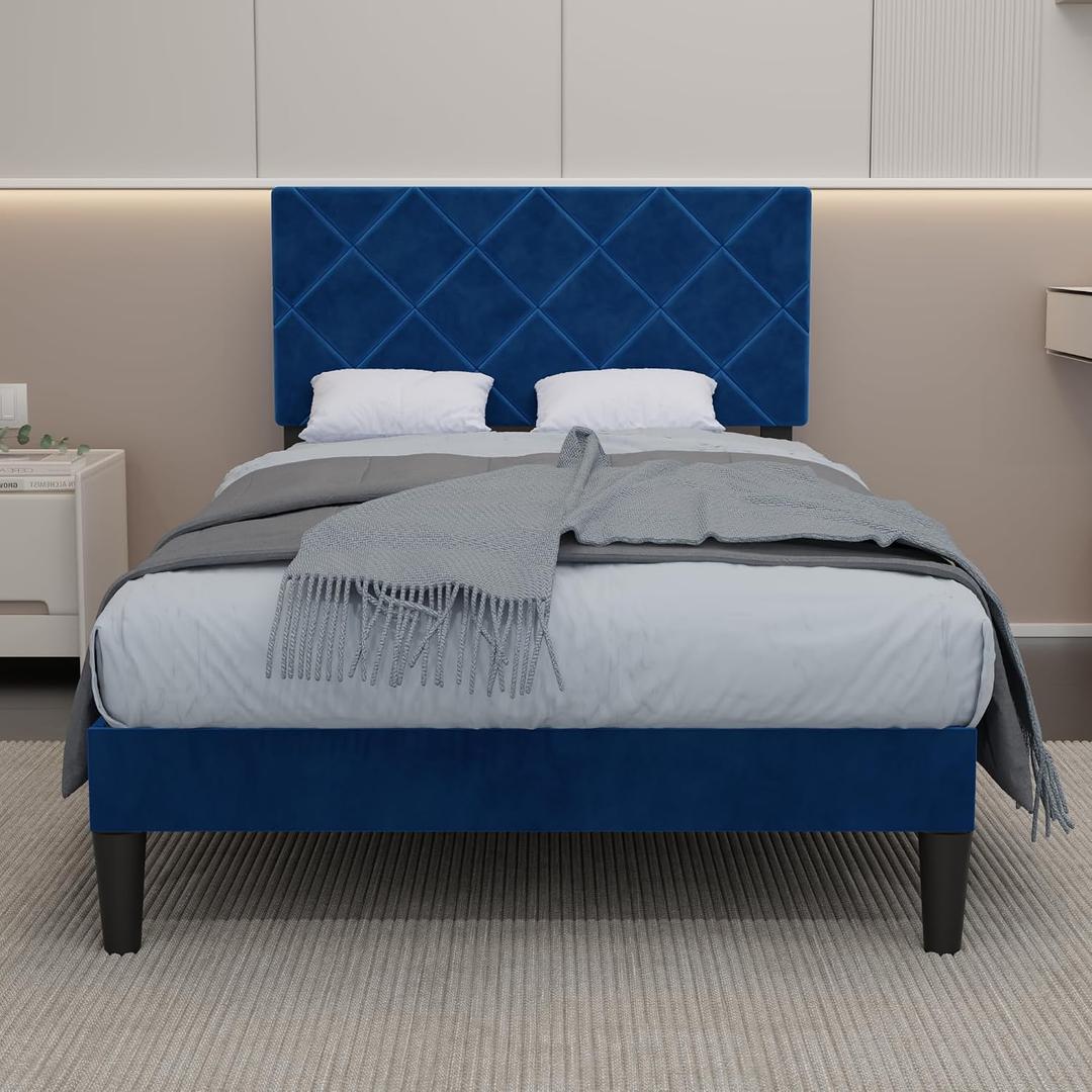 Twin Bed Frames with Adjustable Headboard,Diamond Velvet Upholstered Platform Bed,Single Bed with Strong Metal Slat Support,Mattress Foundation,No Box Spring Needed,Easy Assembly.Blue