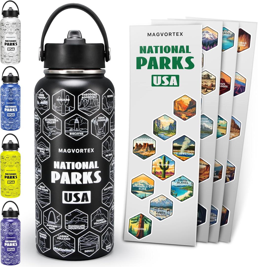 National Parks Black Water Bottle with Durable Stickers  32oz Insulated Stainless Steel Water Bottle with Spout Lid  Insulated for Cold and Hot Drinks  Metal Bottle for Gym, Hiking, Camping