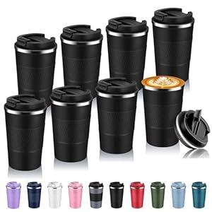 Volhoply 13 oz Stainless Steel Insulated Travel Coffee Mug with Fip Lid Bulk 8 Pack, Reusable Double Wall Vacuum Metal Coffee Cup, Portable Leak Proof Thermal Tumbler for Hot & Cold Drinks(Black, 8)