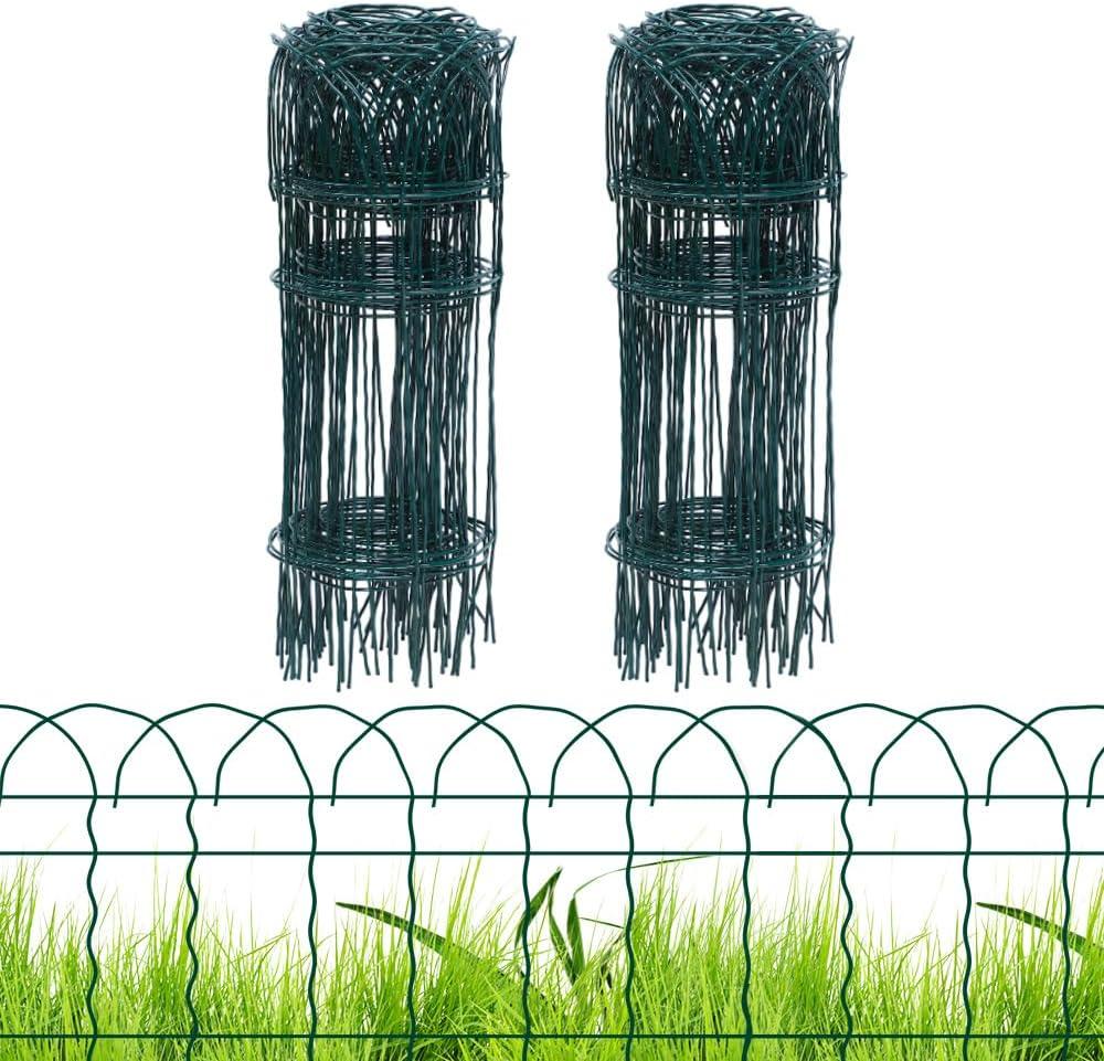 2 Rolls Green Garden Fence Border, 14 in x 40 Ft Metal Folding Fence Wire Roll Garden Border Edging, Garden Fence Roll Flower Bed Fencing for Outdoor Yard