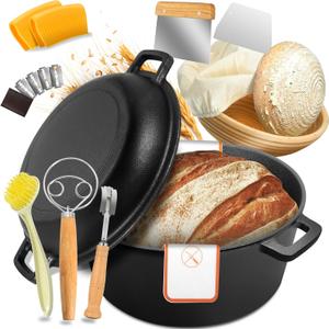 Cast Iron Dutch Oven for Bread Baking, 5 QT Pre-Seasoned Pot with Skillet Lid, Includes Sourdough Bread Baking Supplies, Cast Iron Pot for Frying, Braising, BBQ (Black)