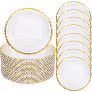 ejonirinjonir EI 13 Inch Gold Charger Plate,50pcs Clear Charger Plates with Gold Rim,Disposable Chargers Plate,Plastic Chargers Plates for Dinne Family Party and Wedding