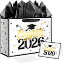 XiaosRen Large Graduation Gift Bag, Congrats 2026 Gift Bag with Tissue Papers and Card for College, Class of 2026 Graduate Party Decor Supplies (White Black)