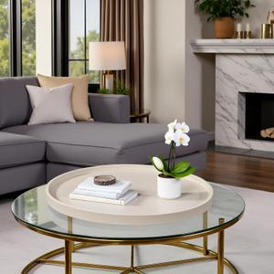 30 x 30 inches high-end Light Luxury Leather Round Oversized Service Tray, Ottoman TrayCoffee Tray, Food Tray, Family Dinner, Out-of-House Picnic, Party Essential Tray (30 inch Beige)