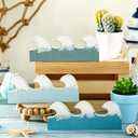 Qunclay 3 Pcs Summer Wooden Waves Table Decor Summer Ocean Sign Blue Beach Centerpieces Coastal Wooden Waves Tiered Tray Decor Vintage Home Centerpieces for Home Beach Office Bedroom