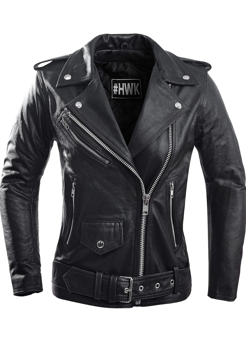 HWK Brando Leather Motorcycle Jacket for Women, Genuine Leather Jacket for Weather & Water Resistant Motorbike Riding L