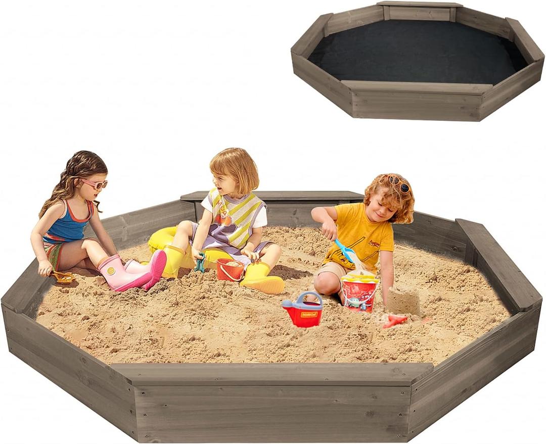 Wooden Octagonal Sandbox with Cover, Outdoor Sandpit with 4 Bench Seats, Sand Box for Children, Beach for Backyard, Patio, Garden (Coffee), 78 inches x 82 inches x 8.5 inches