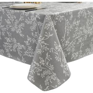 Pioggia Vinyl Tablecloth with Flannel Backing - Waterproof, Oil-Proof, Easy to Clean -Plastic Table Cloth - Perfect for Dining Tables, Kitchen Tables, Parties (Grey Leaves, 6084 Inch Rectangular)