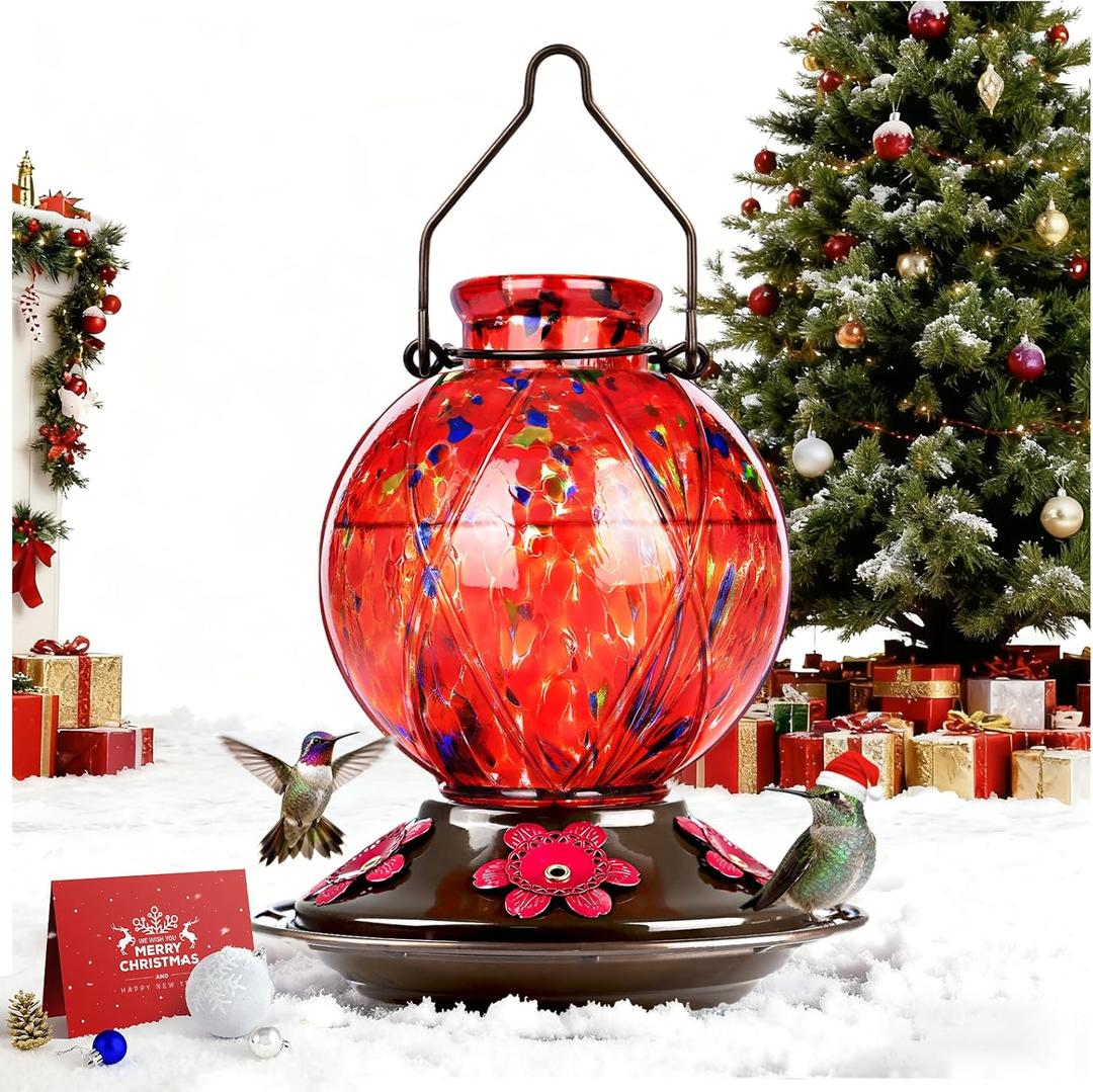 Hummingbird Feeder, BOLITE Glass Hummingbird Feeders for Outdoors Hanging, 20 Ounces, Leak Proof, Meshy Texture Ball Shape Bottle, Red, Birthday Gifts for Women Men, Gifts for Mom Dad