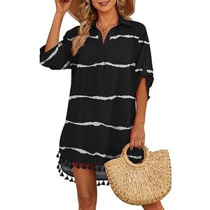 Yincro Women Swimsuit Cover Up Shirt 2025 Tassel Beach Bathing Suit for Swimwear Bikini Dress (2XL, Stripe Black)