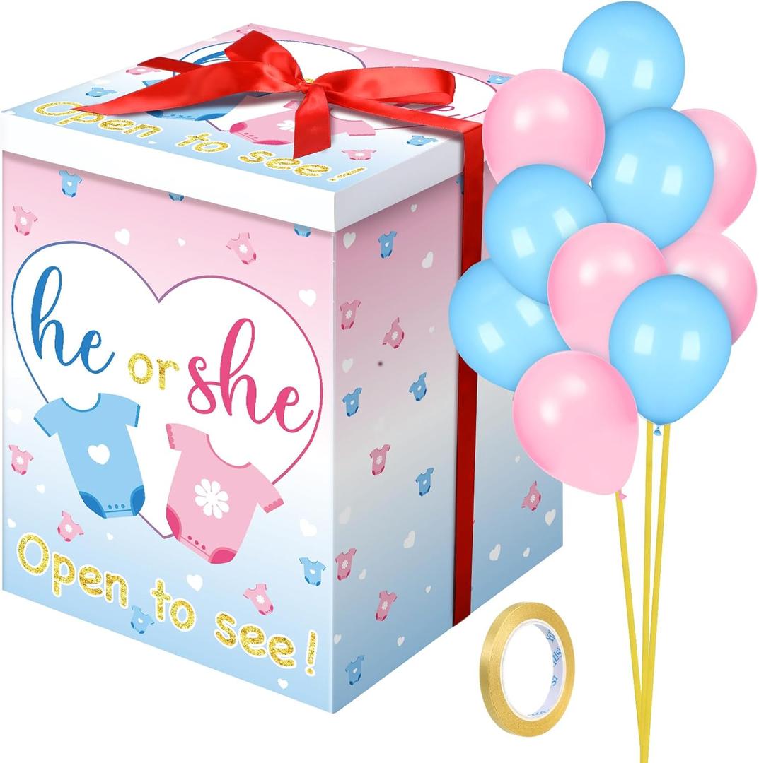 Hungdao Gender Reveal Balloon Box with Ribbon and 10 Pink and Blue Balloons Gender Reveal Games He or She Open to See for Party Decoration 12"x12"x16"(Cloth)