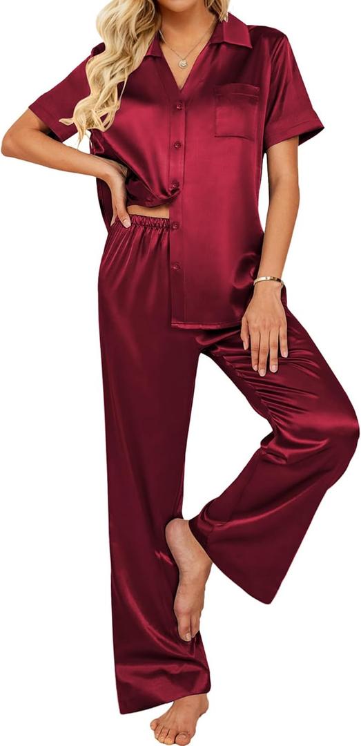 Ekouaer Silk Pajamas for Womens Set 2 Piece Satin Pjs Soft Button Down Sleepwear Wide Leg Long Pants with Pockets (Red, S)